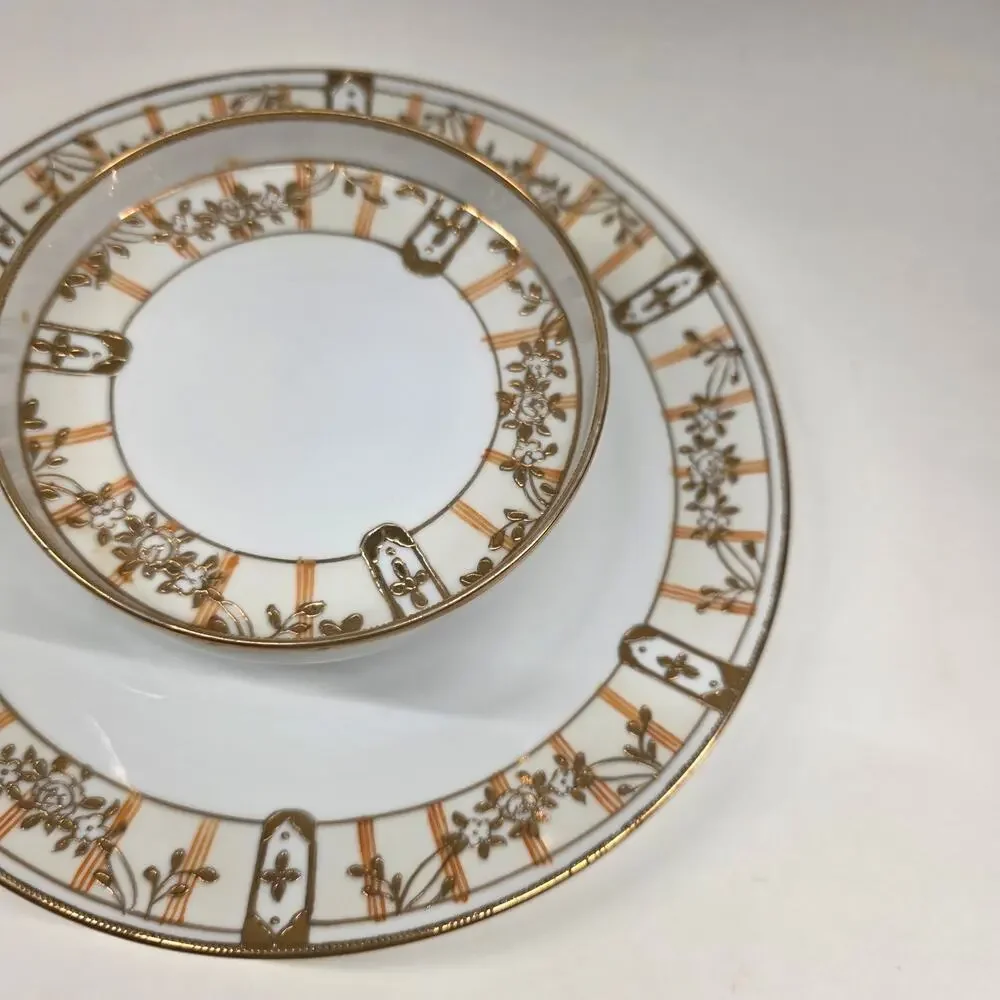 Vintage Hand Painted Nippon Berry Bowl Underplate Set Gold Floral Japan